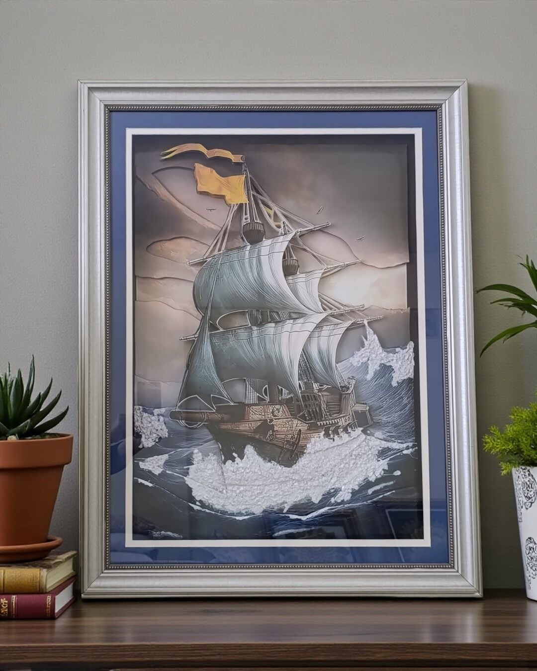 Engin Denizlerde Derinlikli Kağıt Rölyef Kalyon Tablo