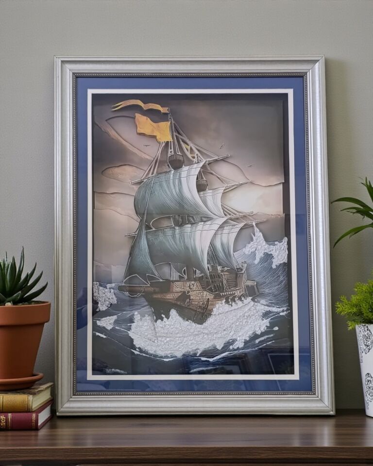 Engin Denizlerde Derinlikli Kağıt Rölyef Kalyon Tablo
