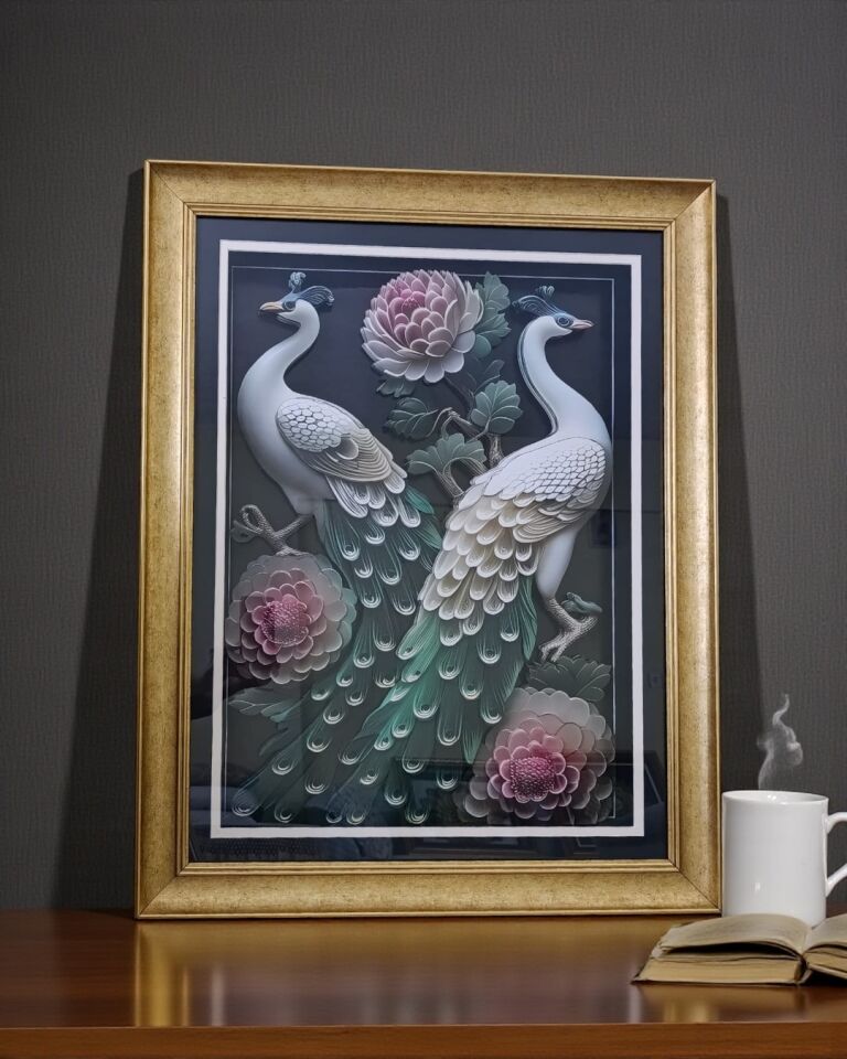 Üç Boyutlu Şakayık ve Tavus Kuşu Tablo