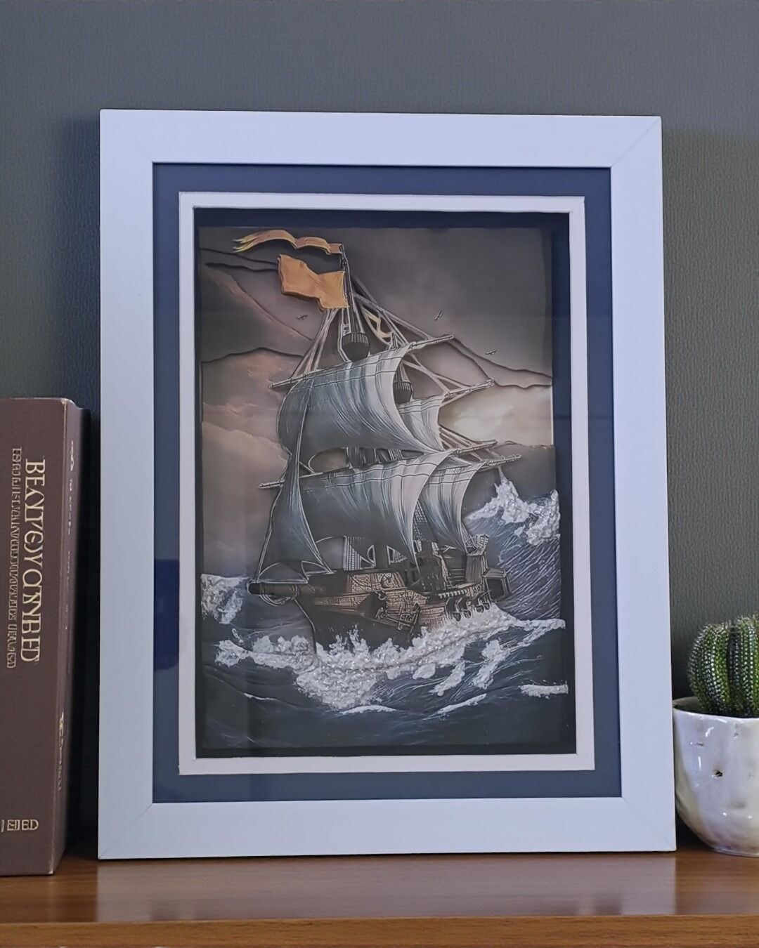 Engin Denizlerde Derinlikli Kağıt Rölyef Kalyon Tablo