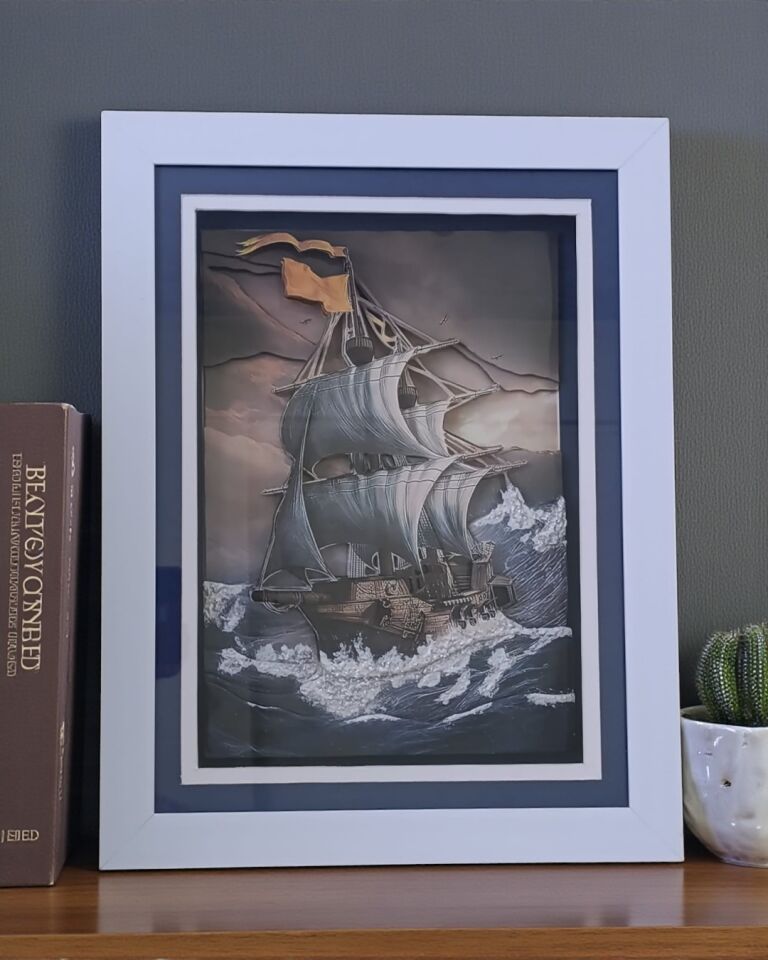 Engin Denizlerde Derinlikli Kağıt Rölyef Kalyon Tablo