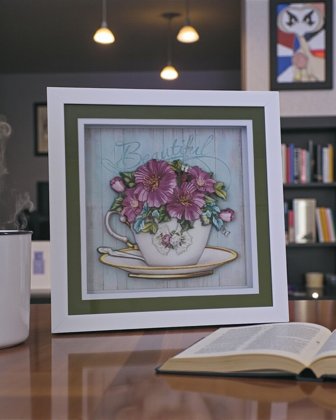 Vintage Fincanda Mor Çiçekler Rölyef Tablo